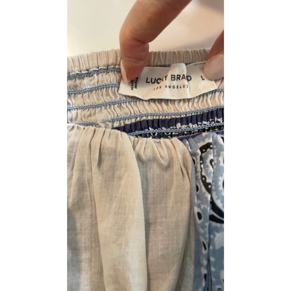 Lucky Brand Babydoll Tiered Dress Sz L Boho Festival Y2K Blue Patchwork Cotton - Picture 13 of 16